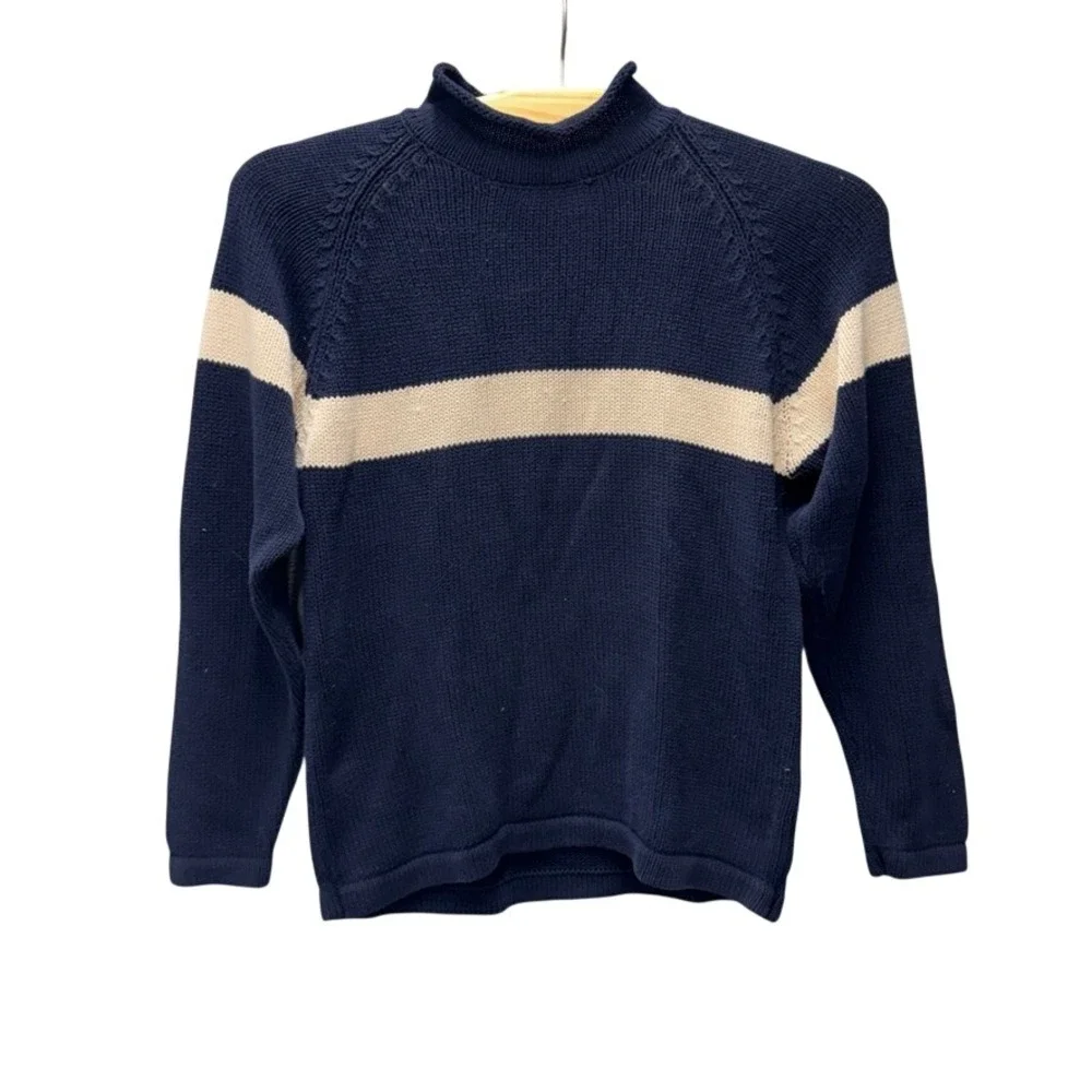 Gap Mens Navy Blue Cream Stripe Mock Neck Cotton Knit Sweater Large RN 54023